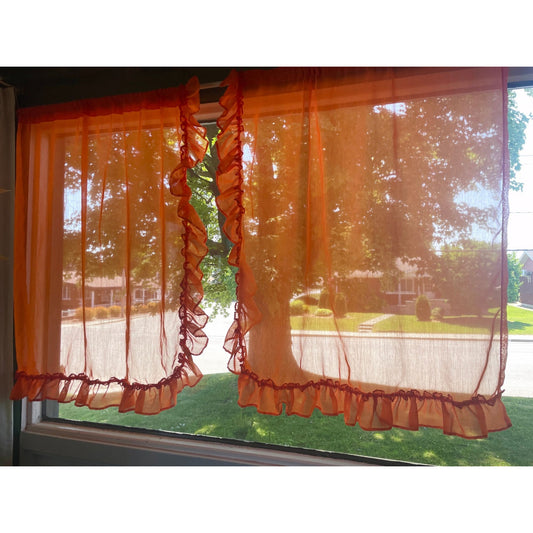 Vintage 70s curtains, orange sheer ruffled panels