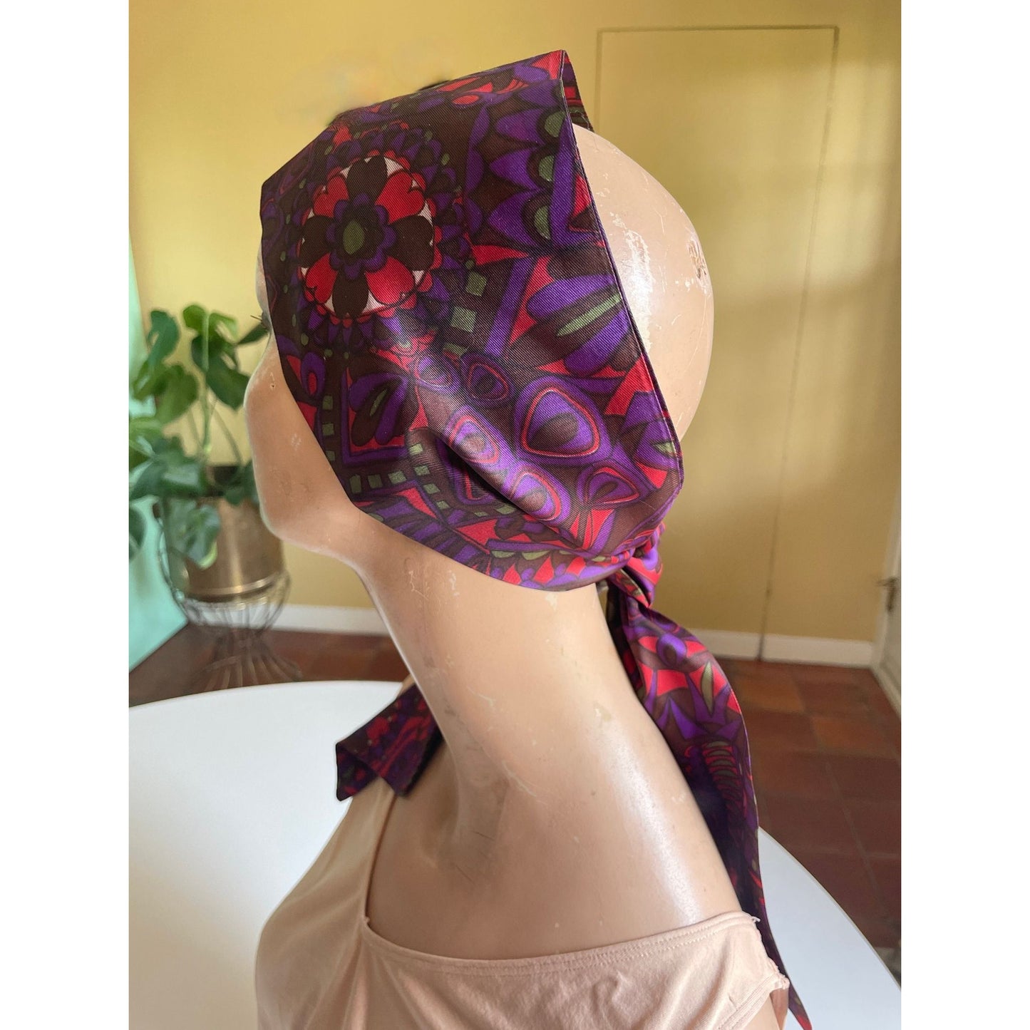 Vintage 1970s boho head scarf, purple, hot pink abstract pattern