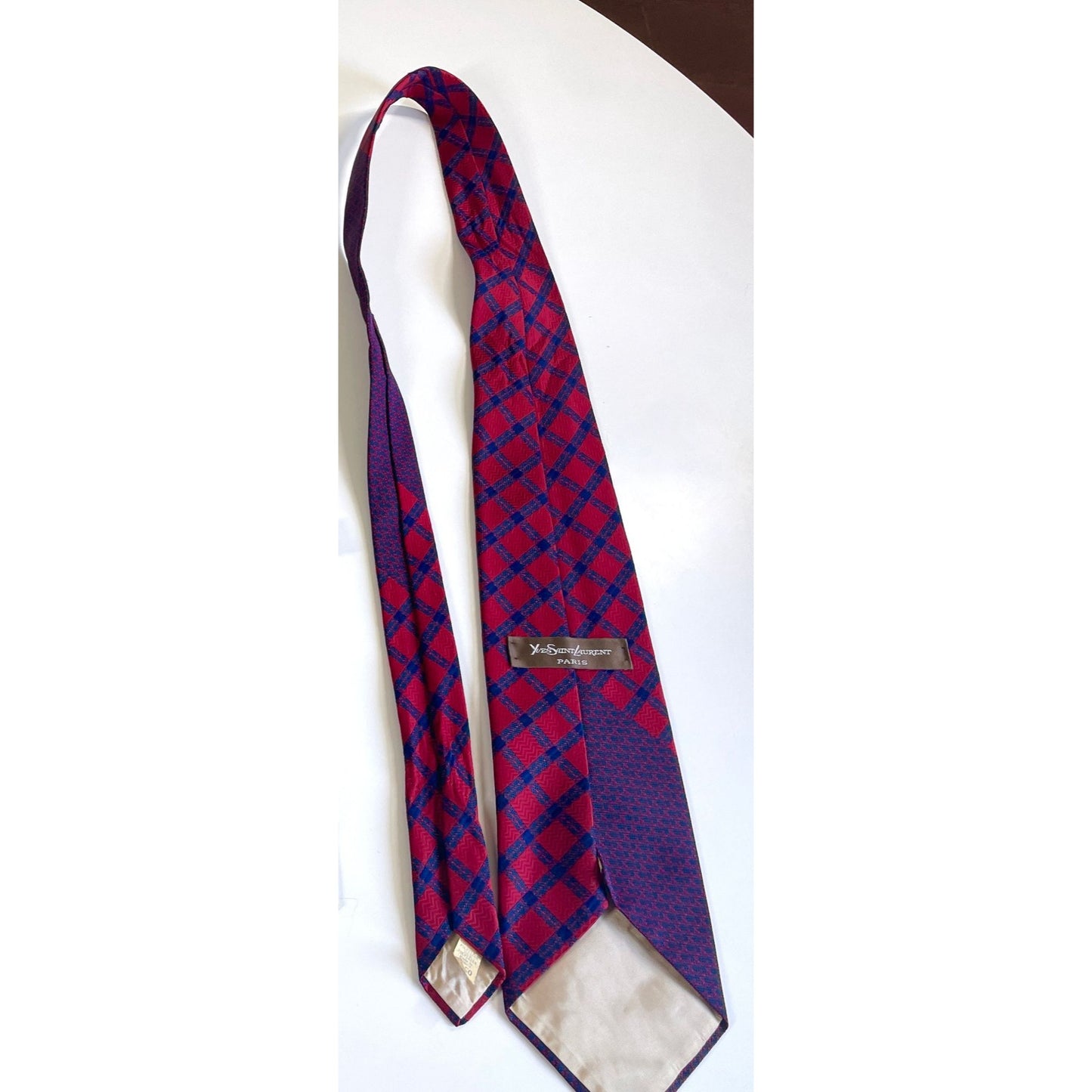 Vintage 1960s necktie, Yves St-Laurent Paris, raspberry red & navy blue
