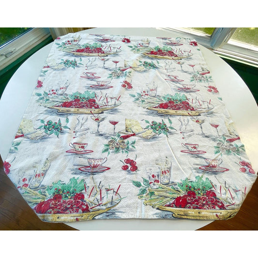Vintage 50s barkcloth curtain, novelty print fruits, cocktails pattern panel