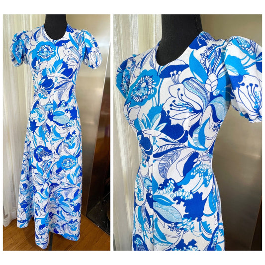 Vintage 1960s maxi dress, large tropical blue flowers