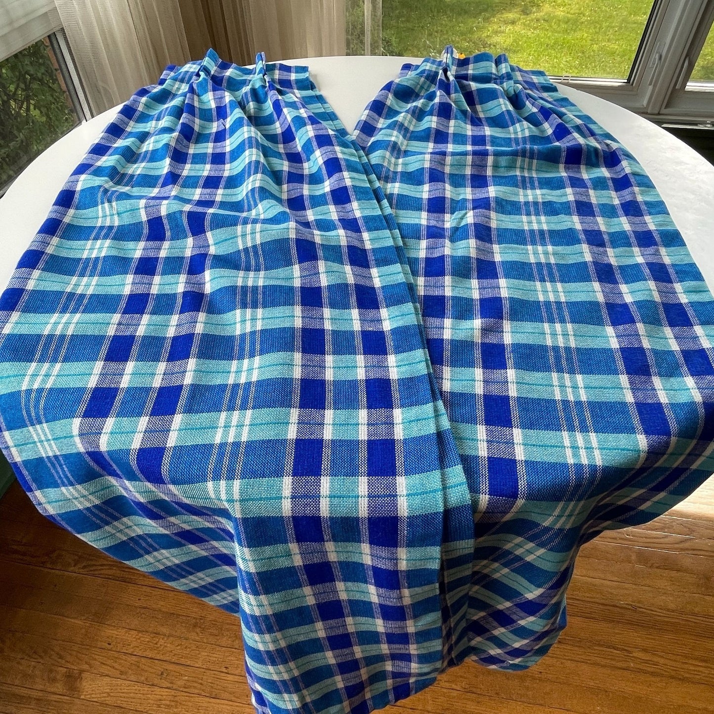 Vintage 80s pleated curtains, blue plaid, Sears