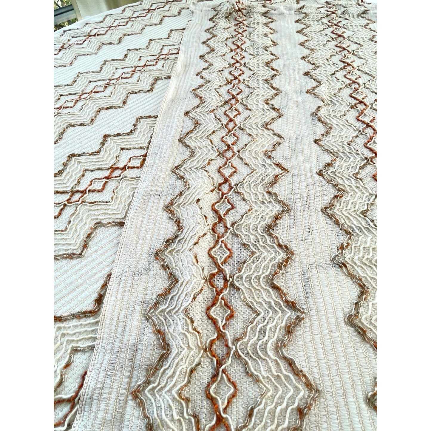 Vintage 70s net woven curtain, ecru, brown
