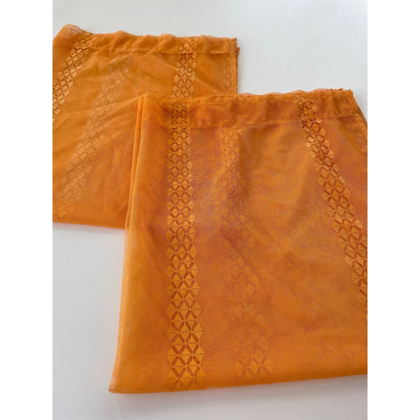 Vintage 70s curtains, pair orange mesh panels