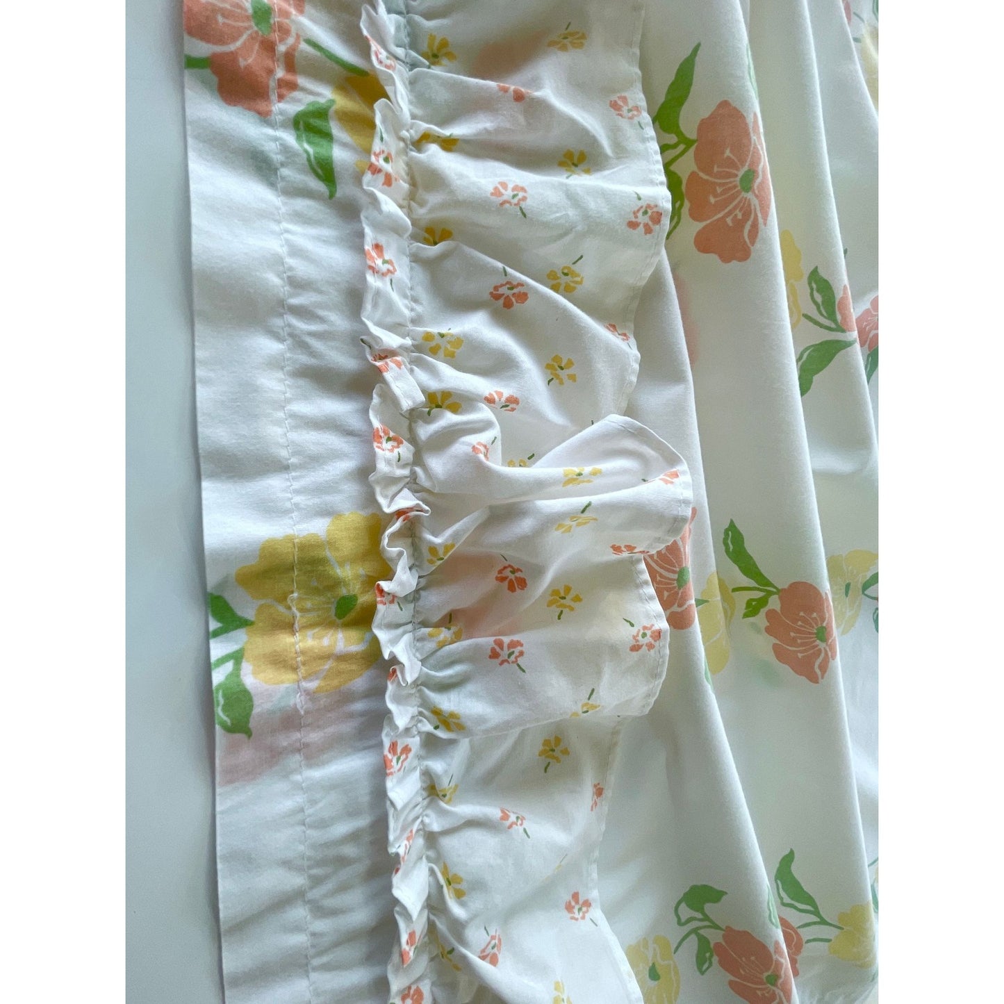Vintage 80s curtain, orange yellow floral, pair of ruffled panels