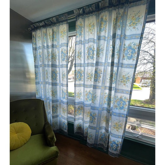 Pair of vintage 70s blue floral curtains panels