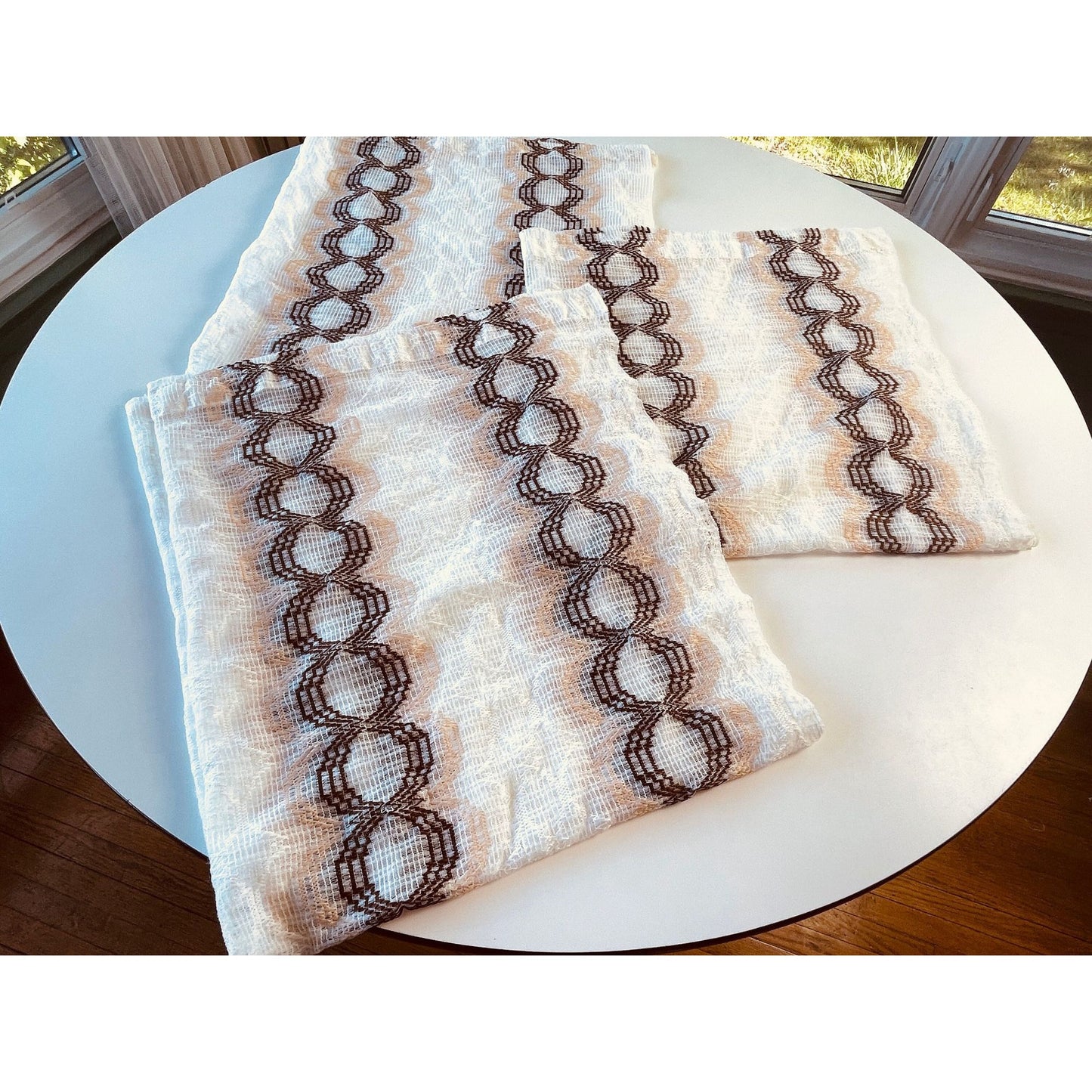 Vintage 70s curtain, beige, tan and brown groovy pattern, mesh panel