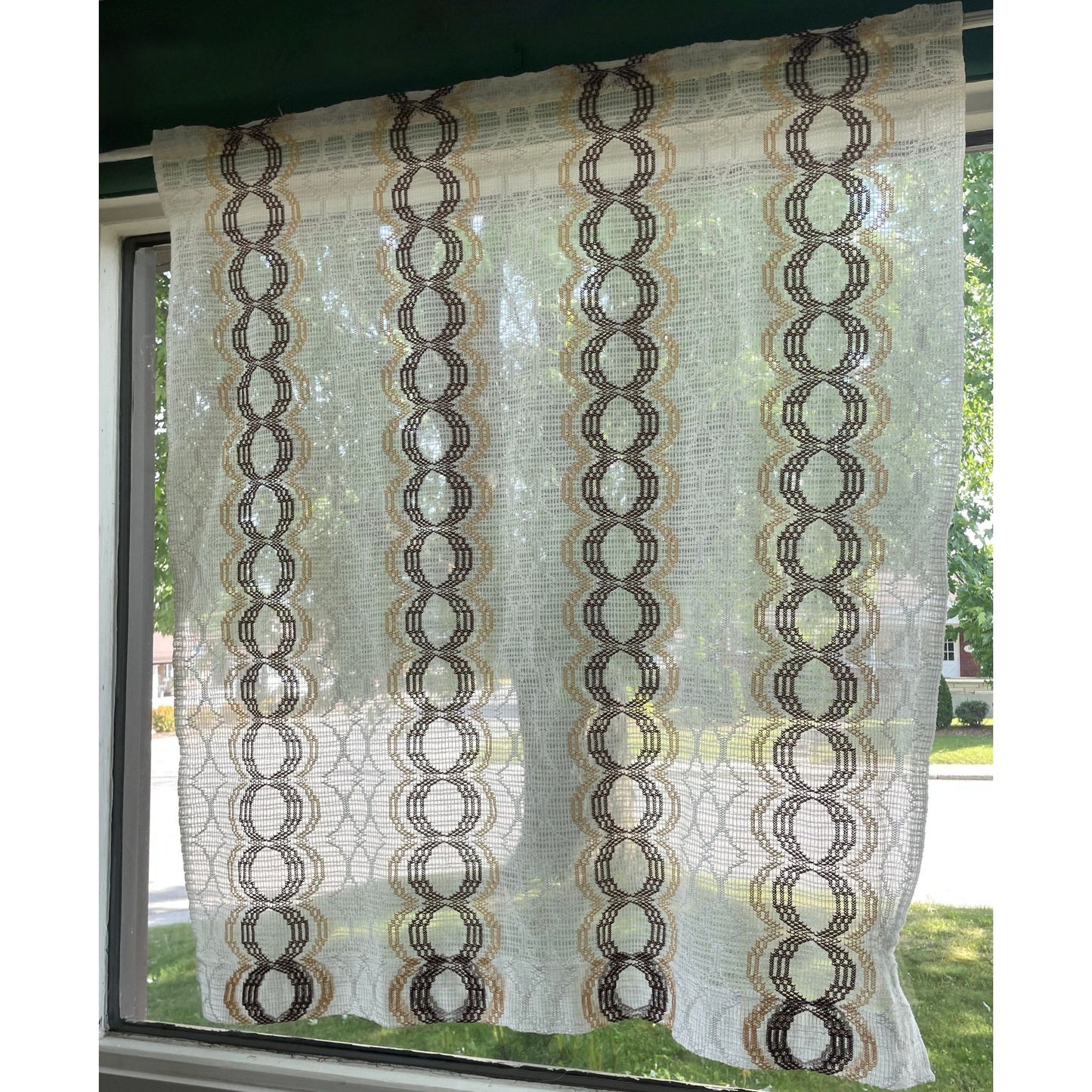 Vintage 70s curtain, beige, tan and brown groovy pattern, mesh panel