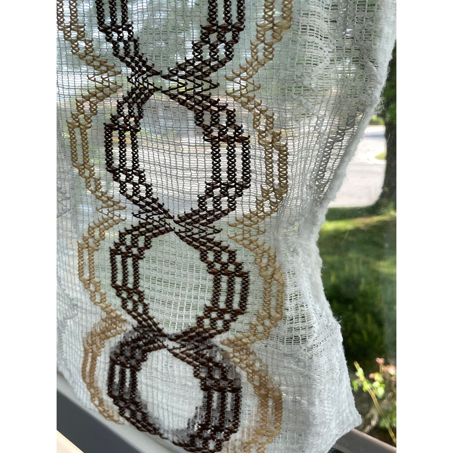 Vintage 70s curtain, beige, tan and brown groovy pattern, mesh panel