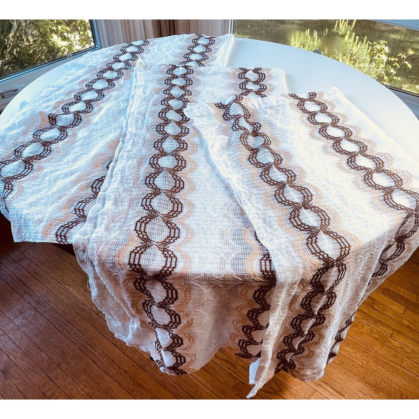 Vintage 70s curtain, beige, tan and brown groovy pattern, mesh panel