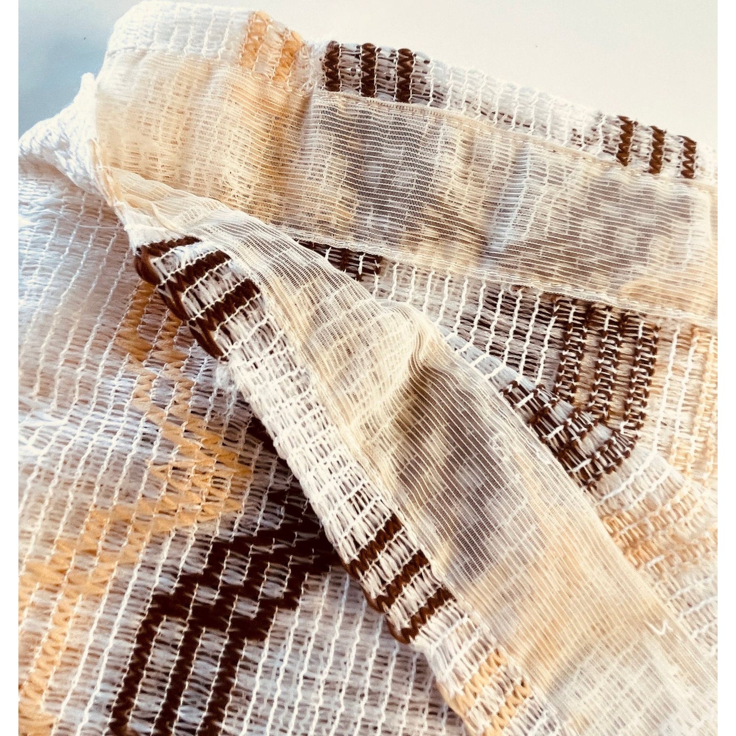 Vintage 70s curtain, beige, tan and brown groovy pattern, mesh panel