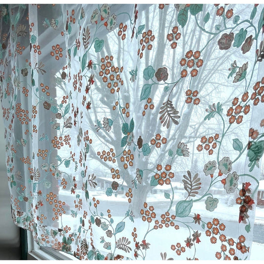 Vintage 50s sheer curtain, tiny floral orange teal