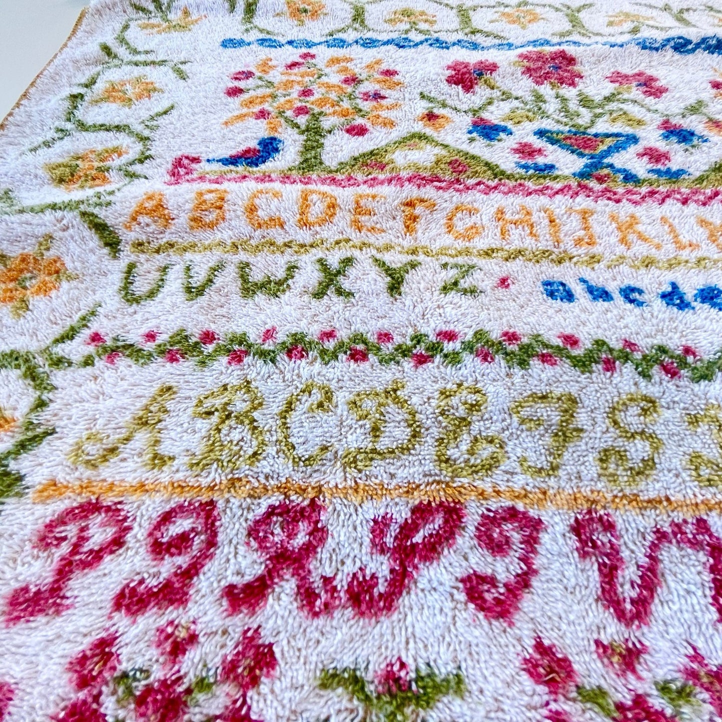 Vintage bath towel, alphabet in multiple colors, Fieldcrest