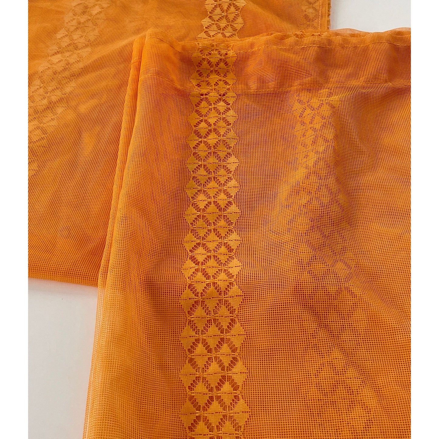Vintage 70s curtains, pair orange mesh panels