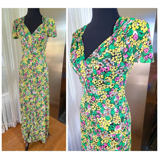 Vintage 1960s maxi dress, green, yellow and pink floral