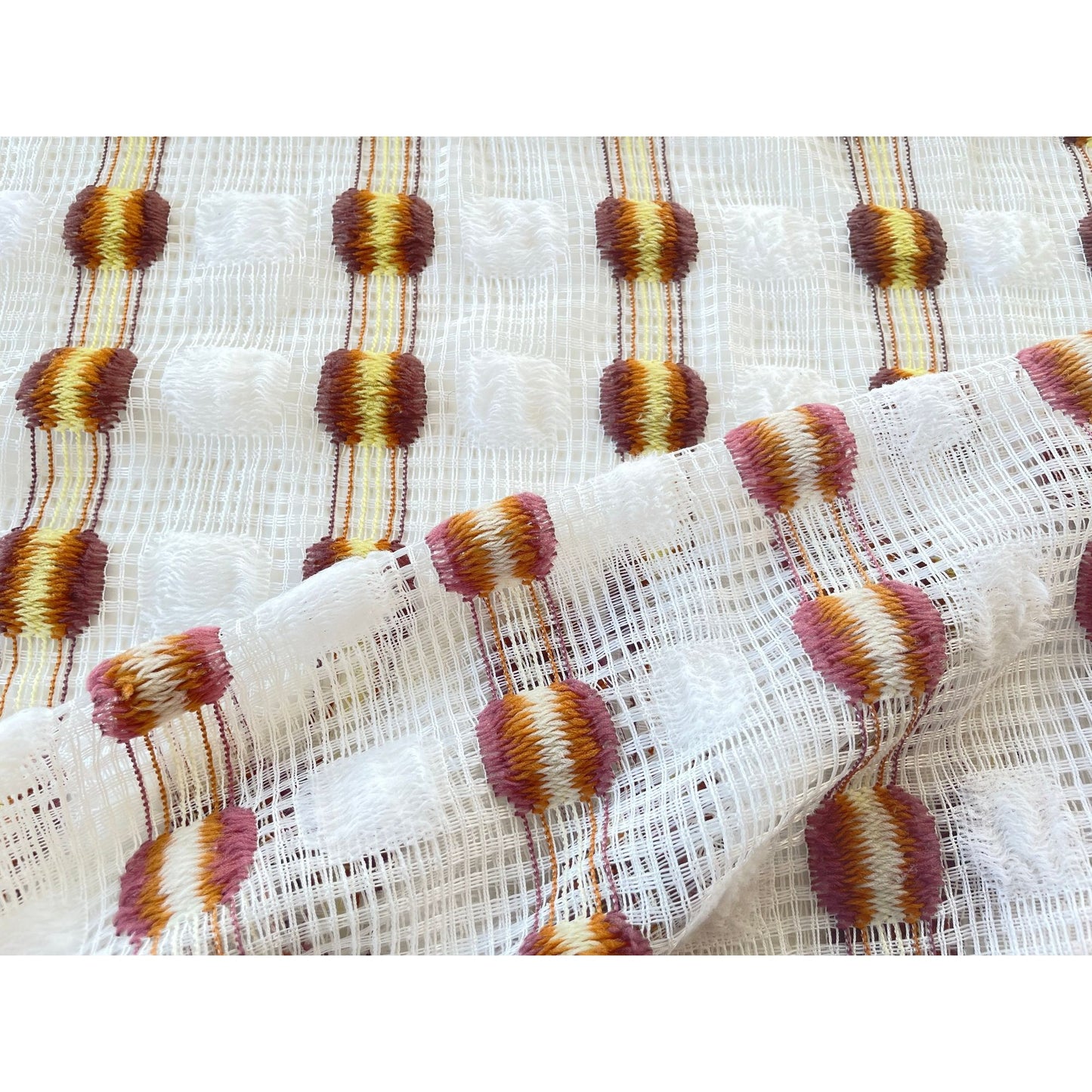 Vintage 70s curtain, orange yellow geometric pattern, mesh panel