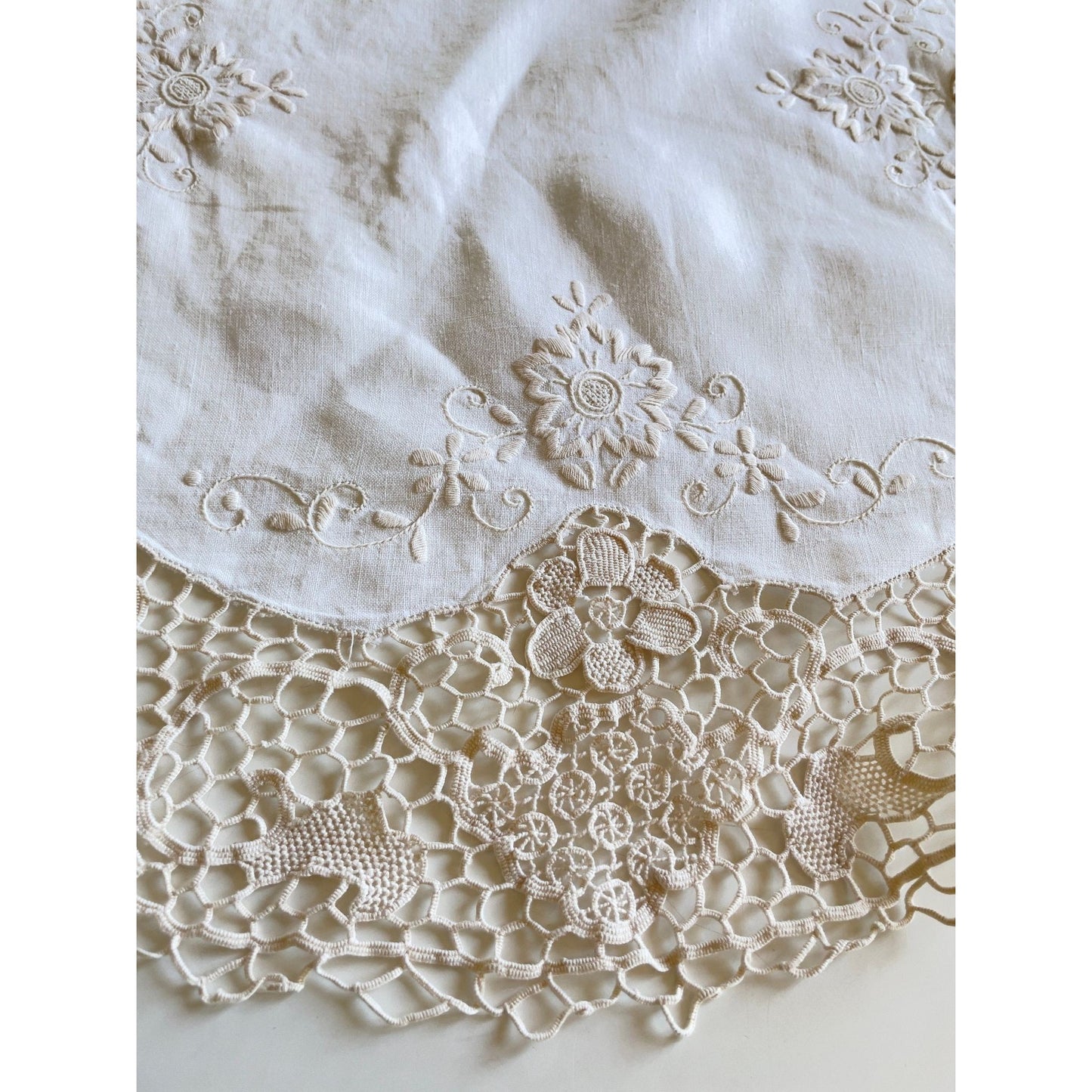 Vintage embroidered and crochet doily, 20 inches wide