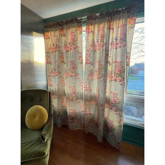 Vintage MCM barkcloth curtain, Asian inspired pink blossom trees