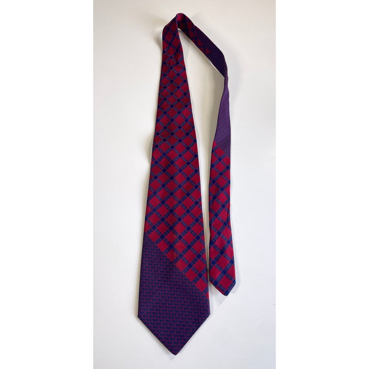 Vintage 1960s necktie, Yves St-Laurent Paris, raspberry red & navy blue