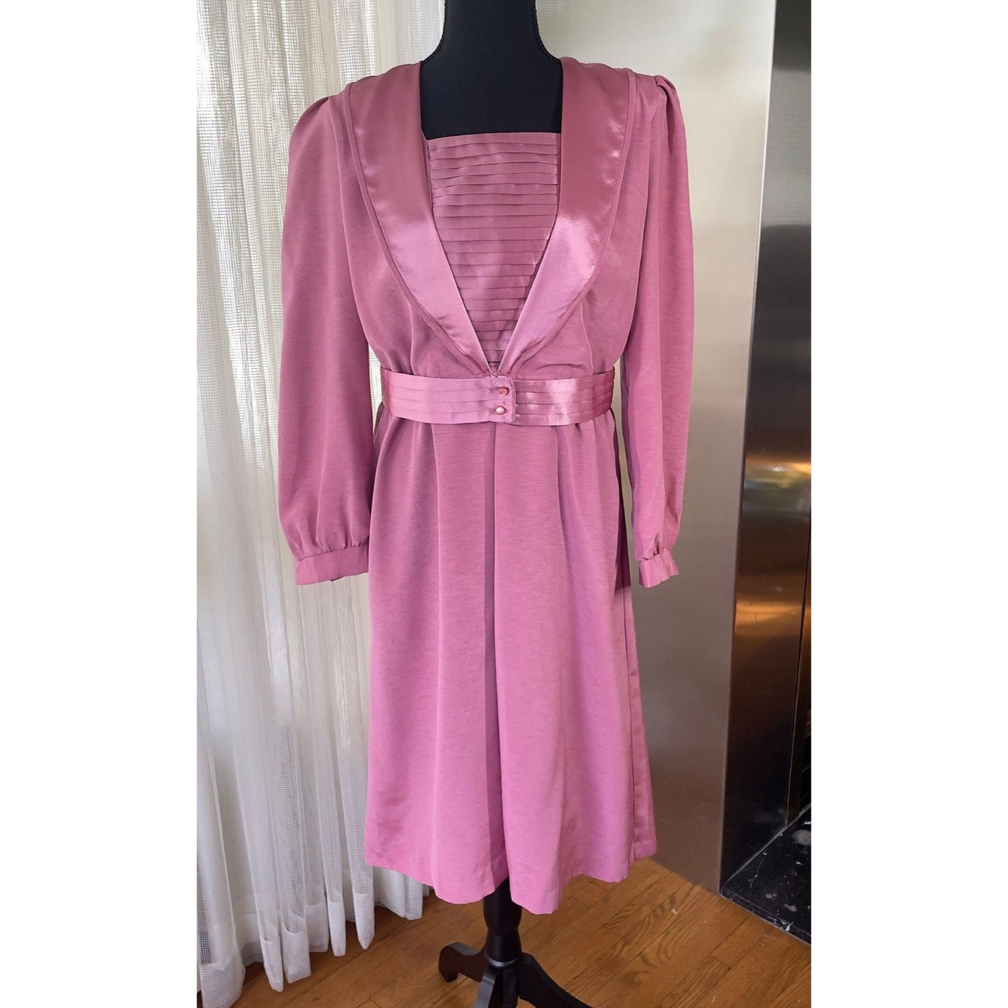 Vintage 80s gown, pink satin dress, long sleeves