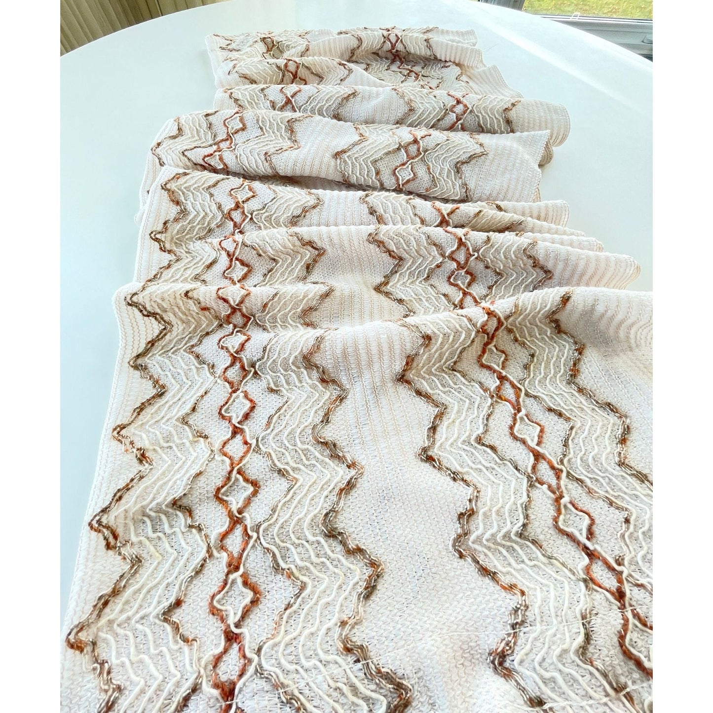 Vintage 70s net woven curtain, ecru, brown
