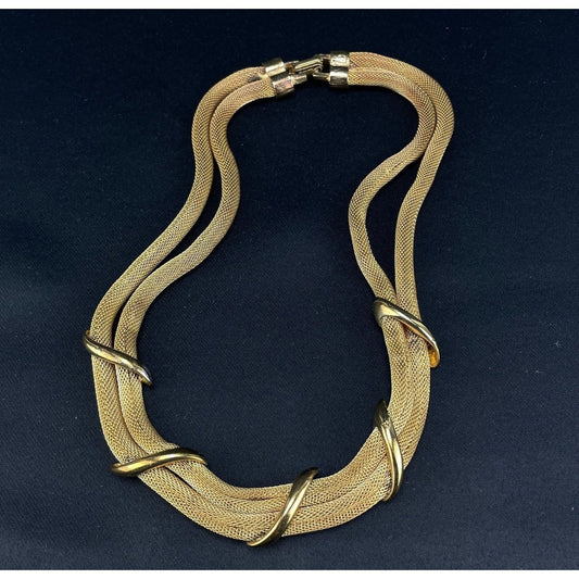 Vintage 80s necklace, gold tone, double strand mesh