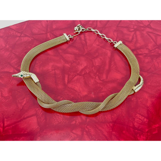 Vintage 80 necklace, nake head and tail, green eyes, gold tone tube mesh