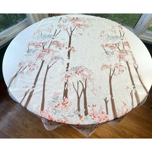 Vintage 70s curtain, red, brown tree / forest pattern, white background