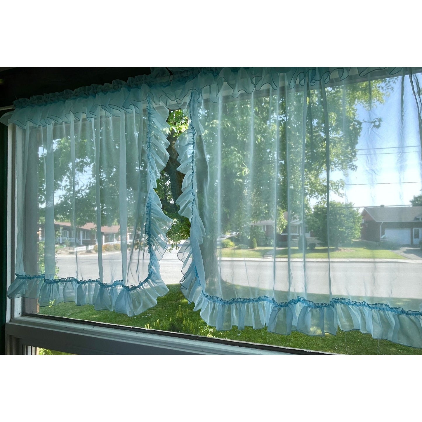 Vintage 70s curtain, sheer blue ruffled with tiebacks