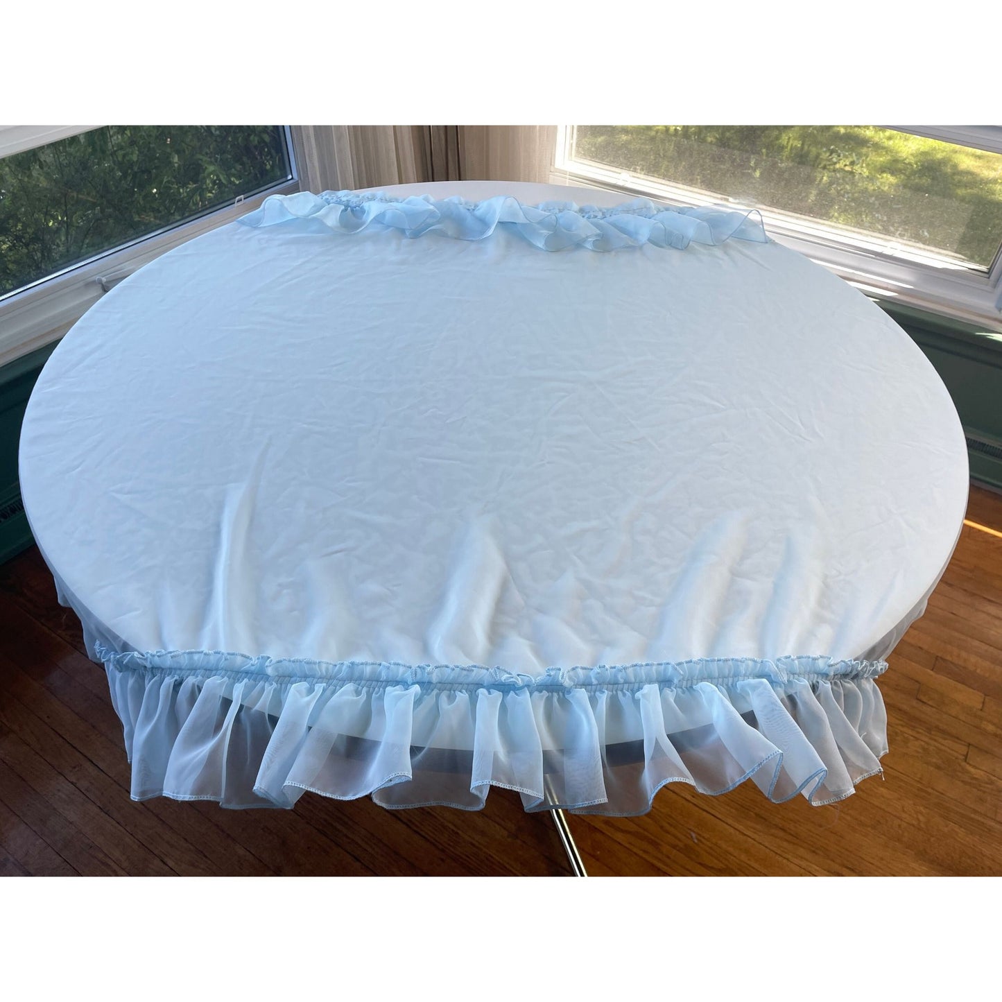 Vintage 70s curtain, sheer blue ruffled with tiebacks