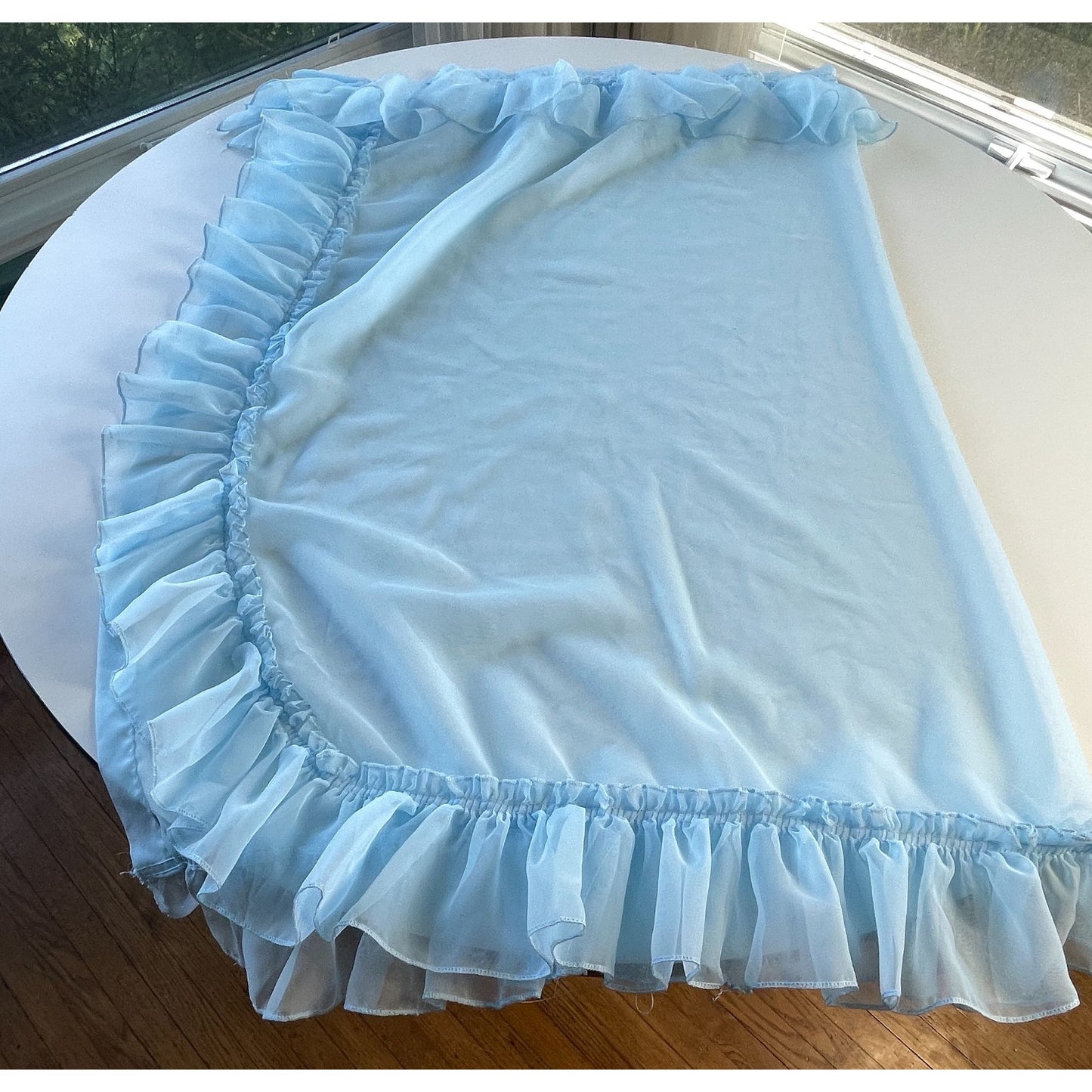 Vintage 70s curtain, sheer blue ruffled with tiebacks