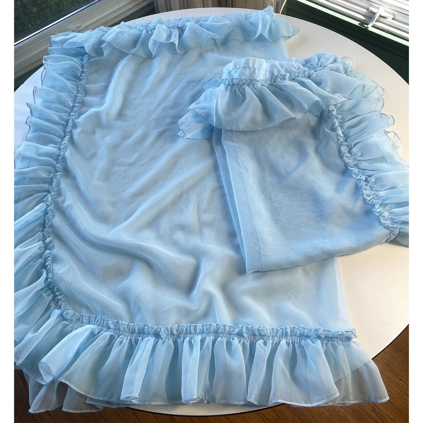 Vintage 70s curtain, sheer blue ruffled with tiebacks