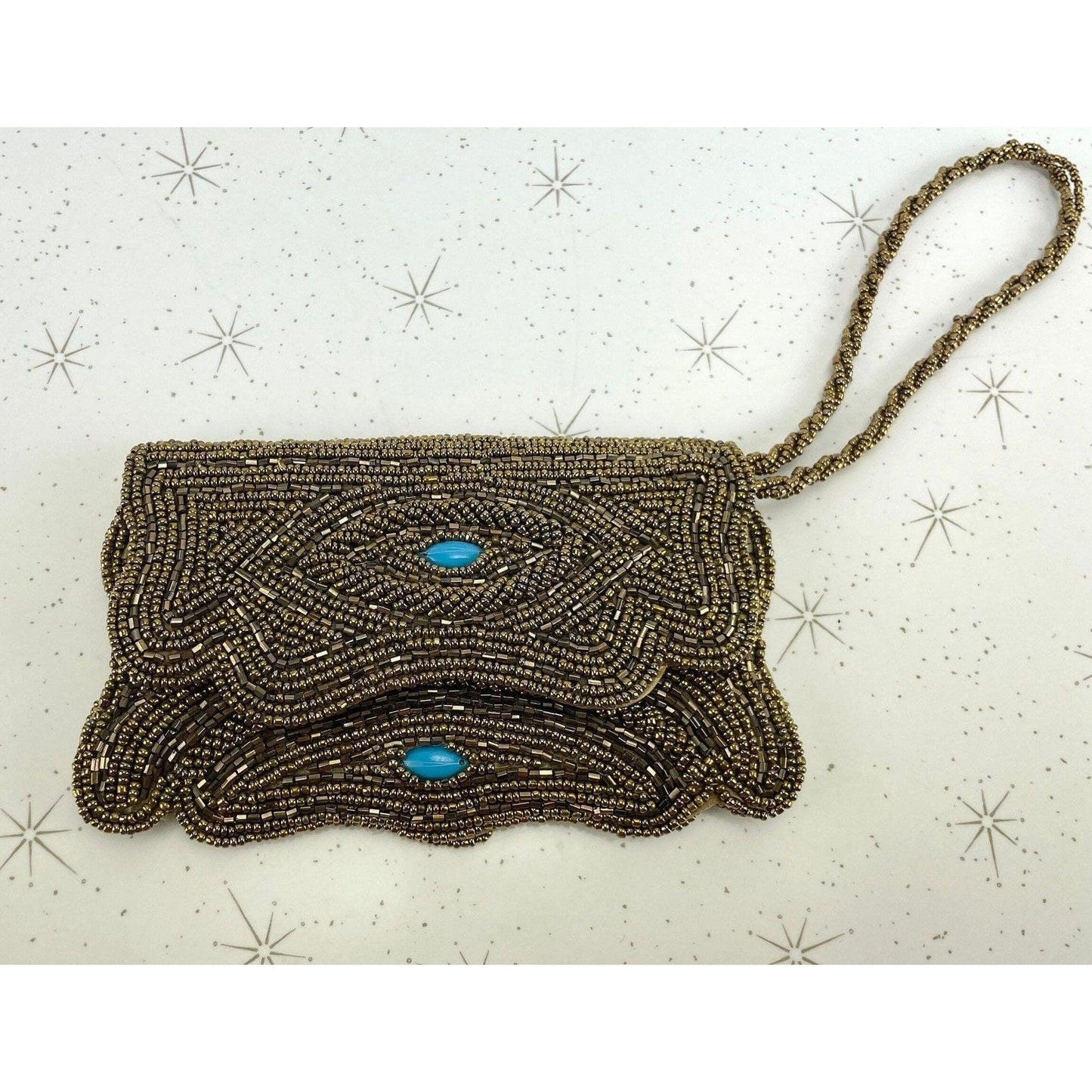 Vintage 50s bronze beaded wristlet, with turquoise accents
