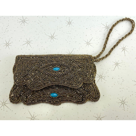 Vintage 50s bronze beaded wristlet, with turquoise accents