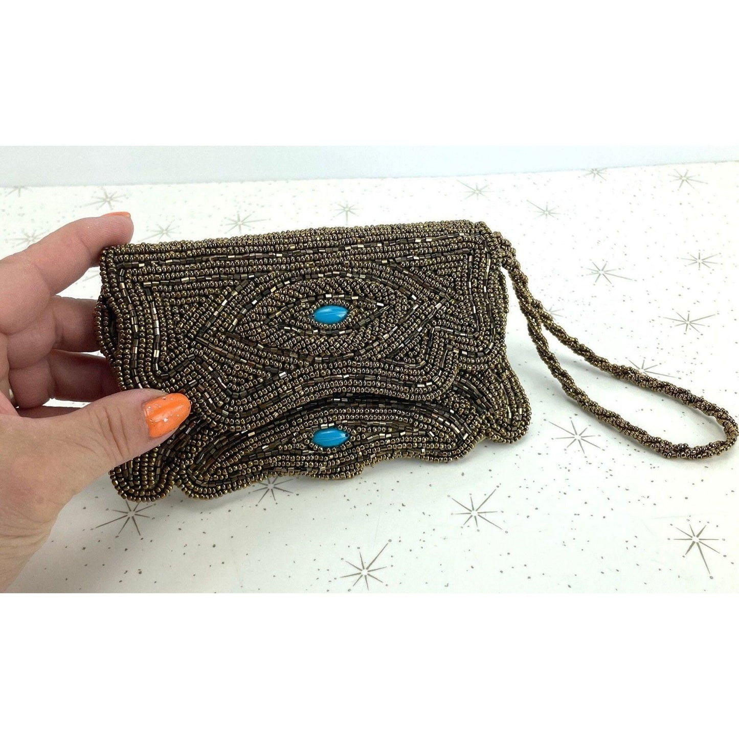 Vintage 50s bronze beaded wristlet, with turquoise accents