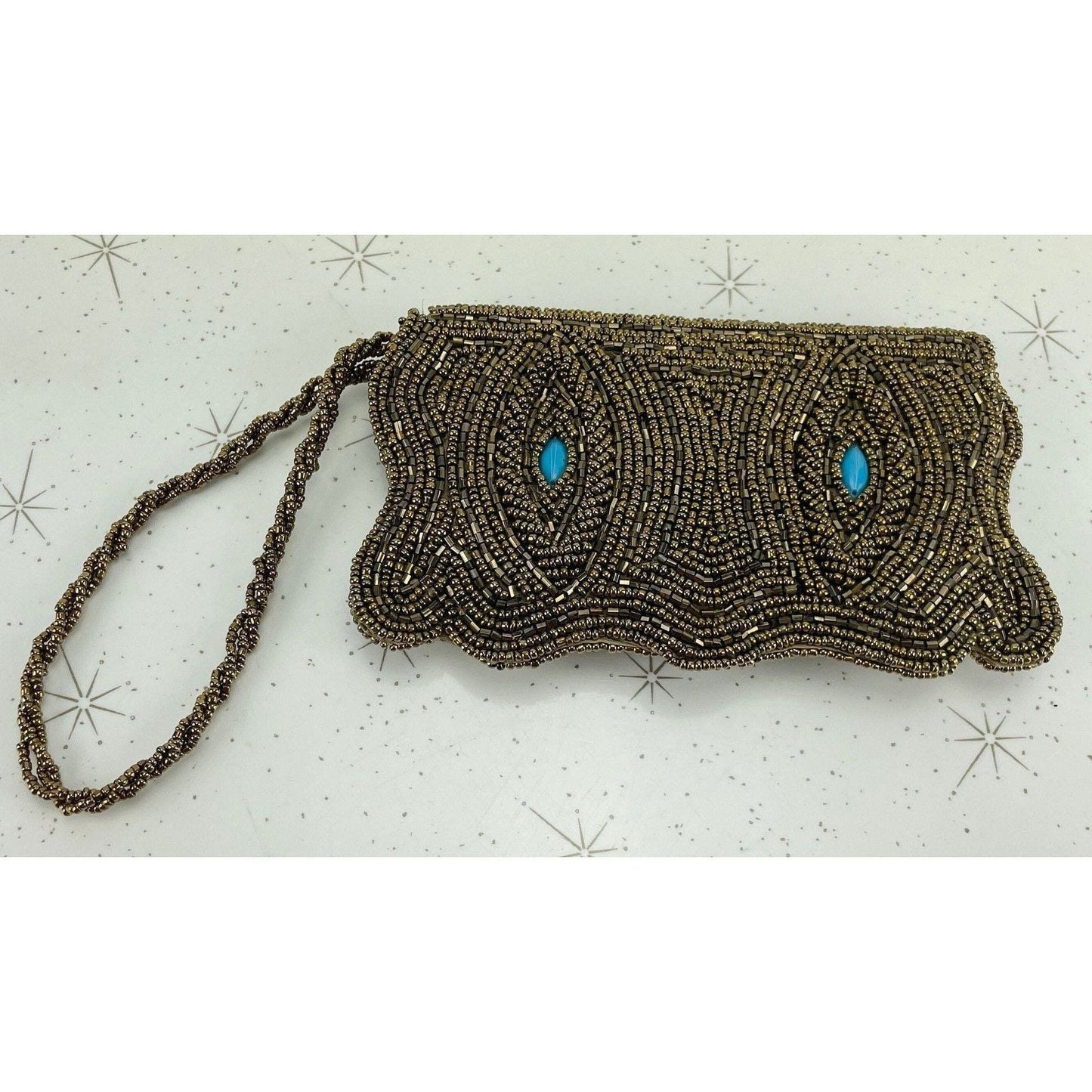 Vintage 50s bronze beaded wristlet, with turquoise accents