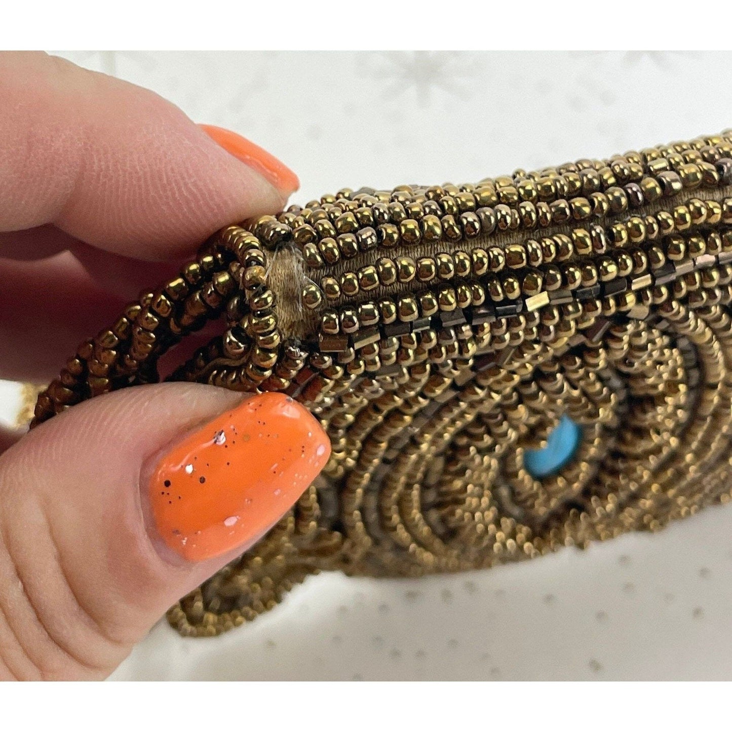 Vintage 50s bronze beaded wristlet, with turquoise accents