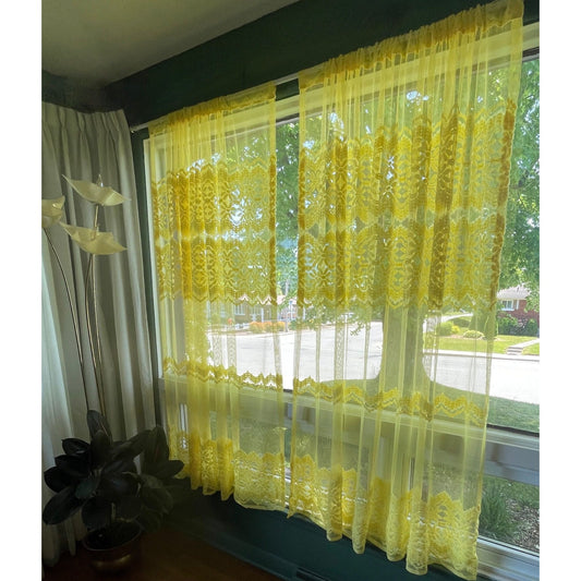 Vintage 70s curtain, yellow embroidered daisies, mesh panel