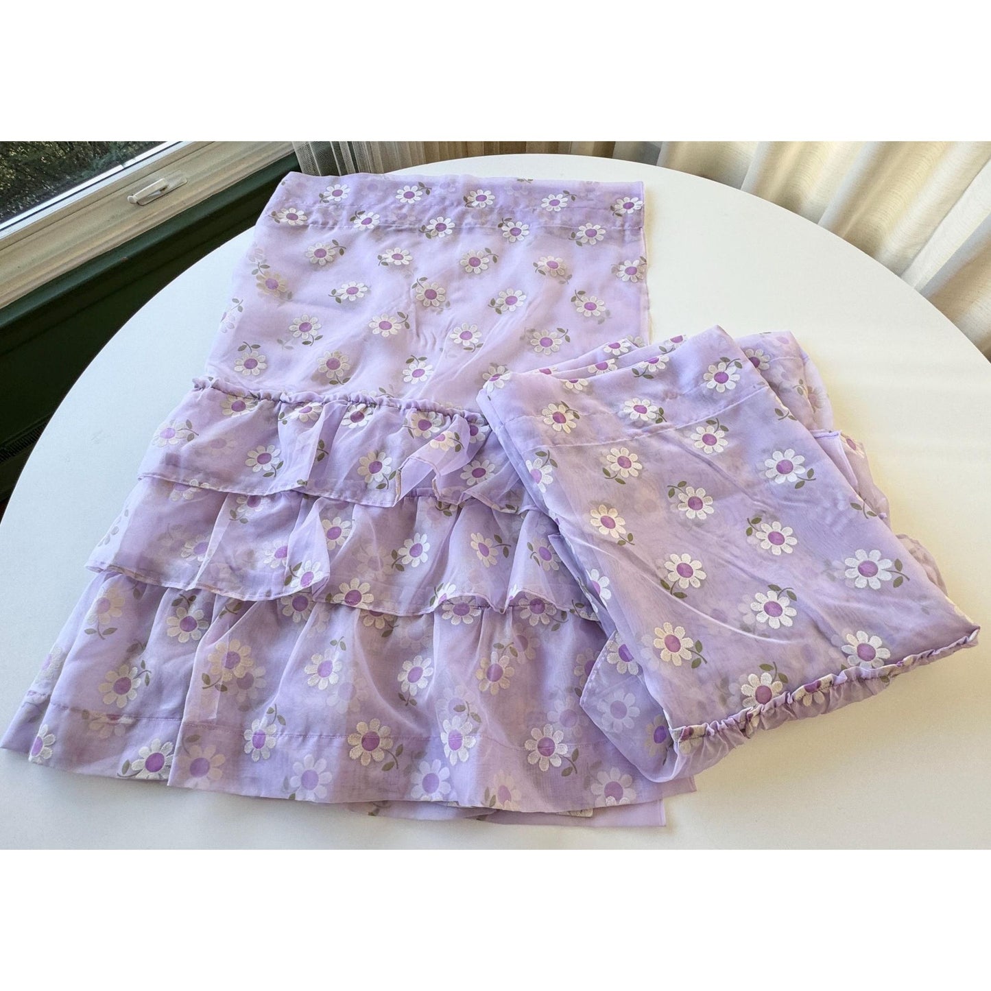 Vintage 70s curtain, purple flocked floral sheer ruffled panel