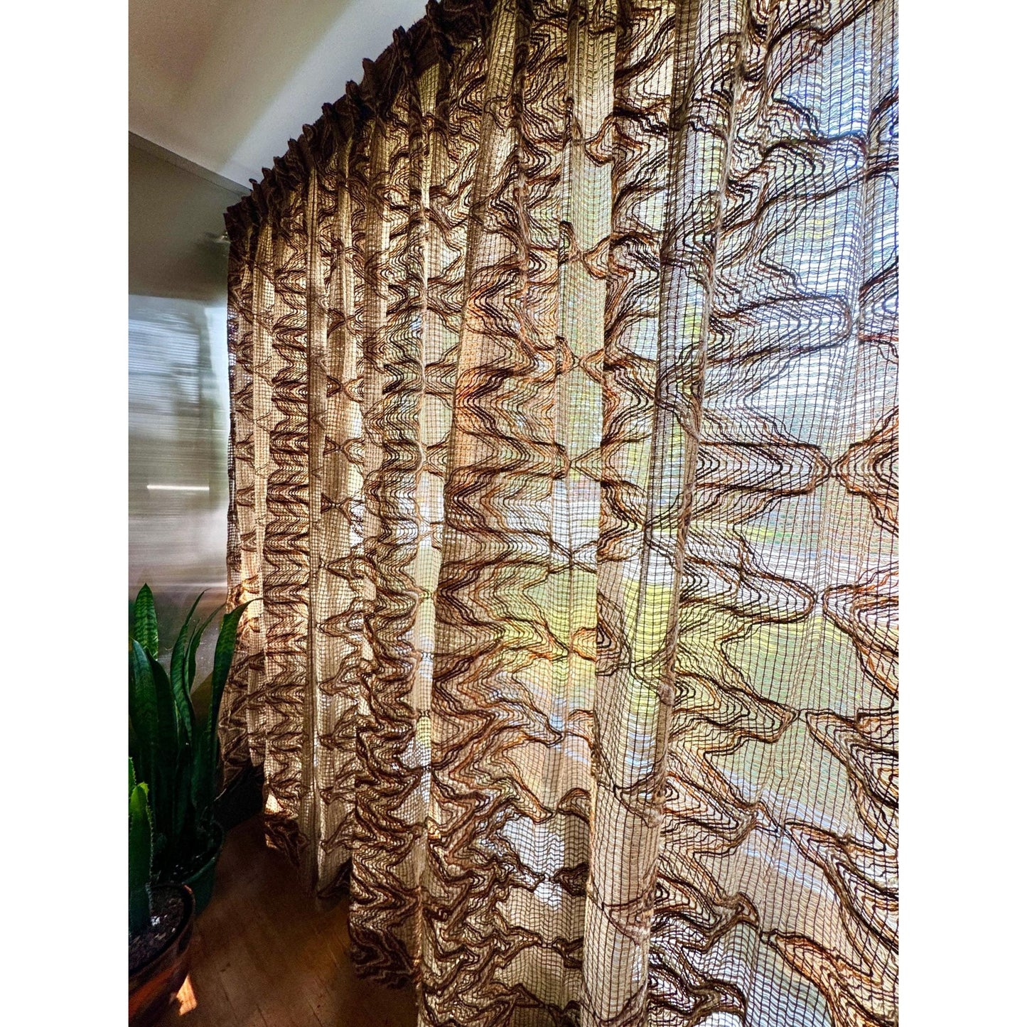 Vintage 70s pleated curtain, brown, rust tan mesh panel