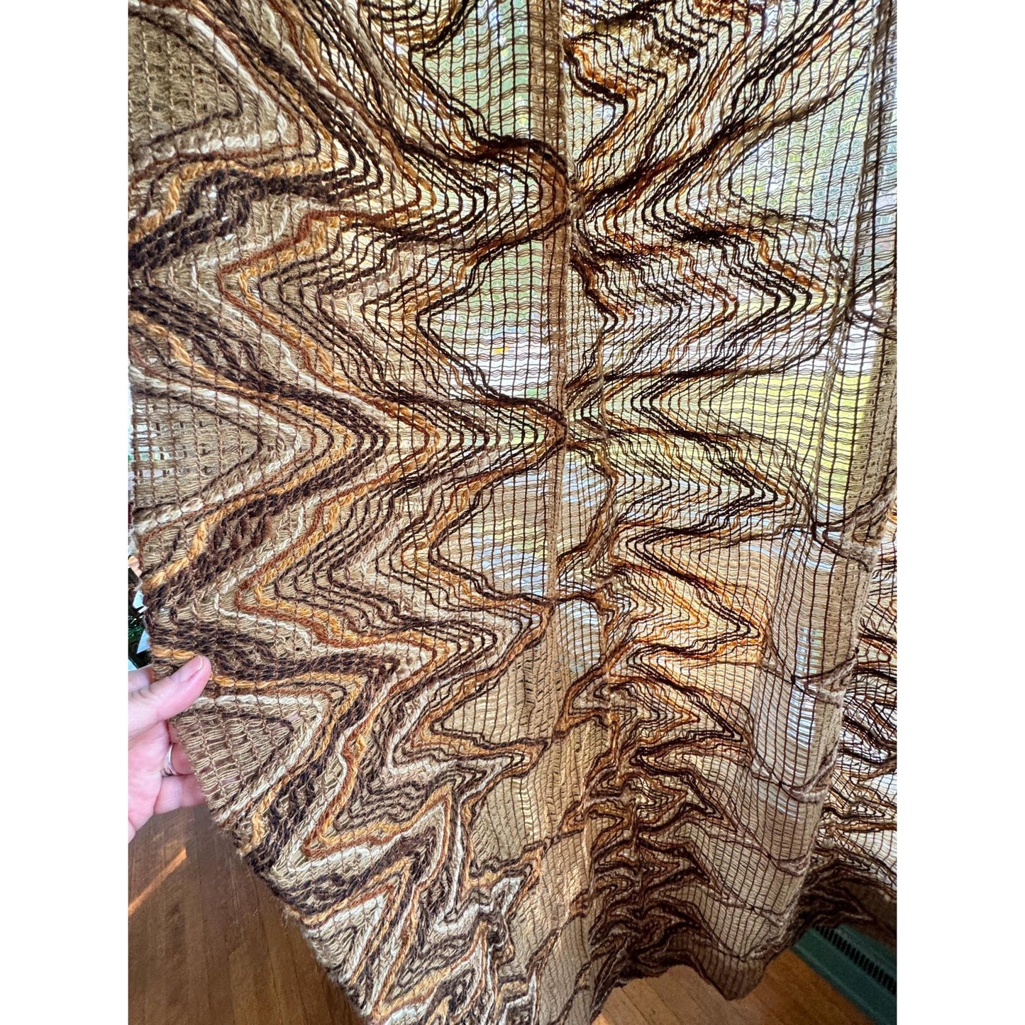 Vintage 70s pleated curtain, brown, rust tan mesh panel