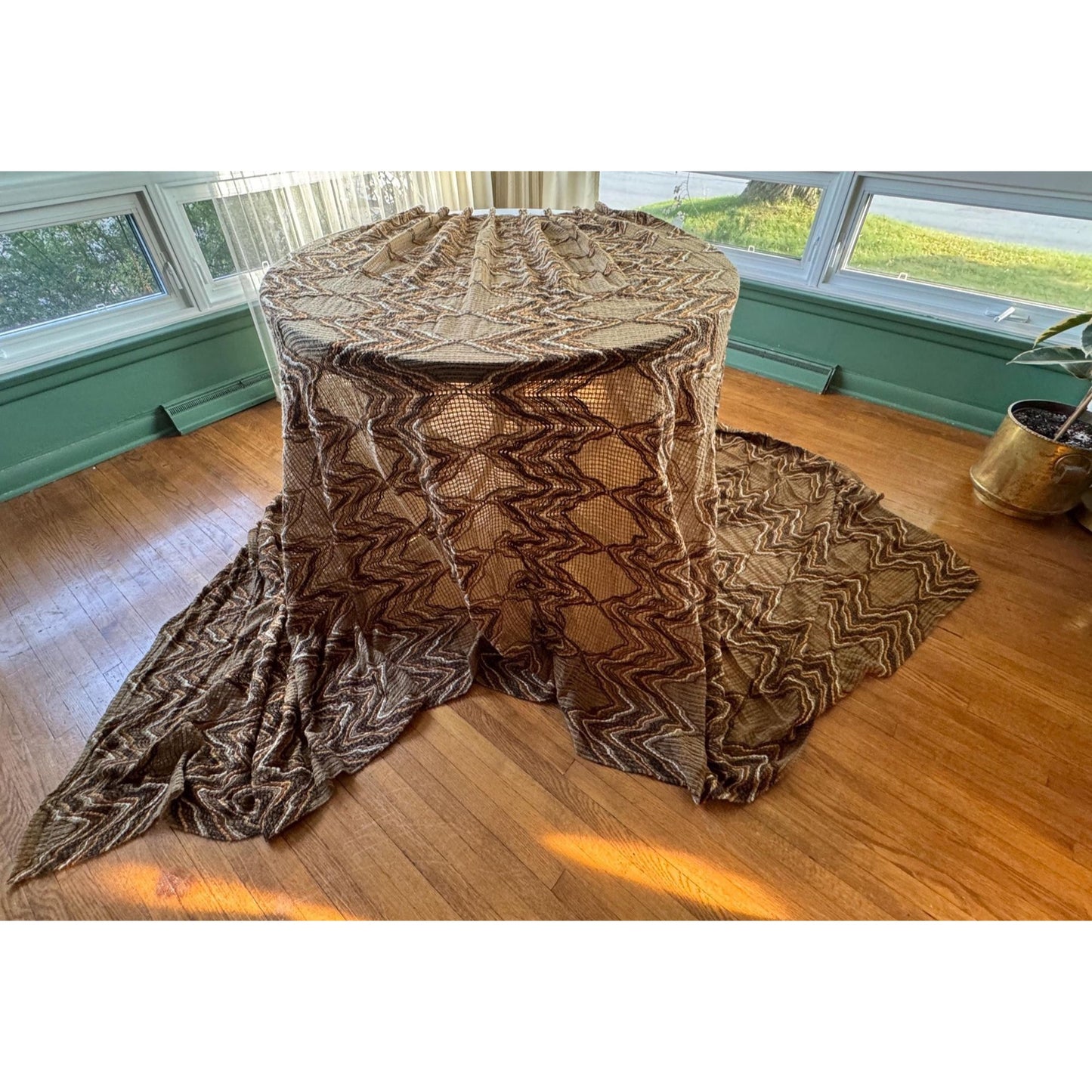 Vintage 70s pleated curtain, brown, rust tan mesh panel