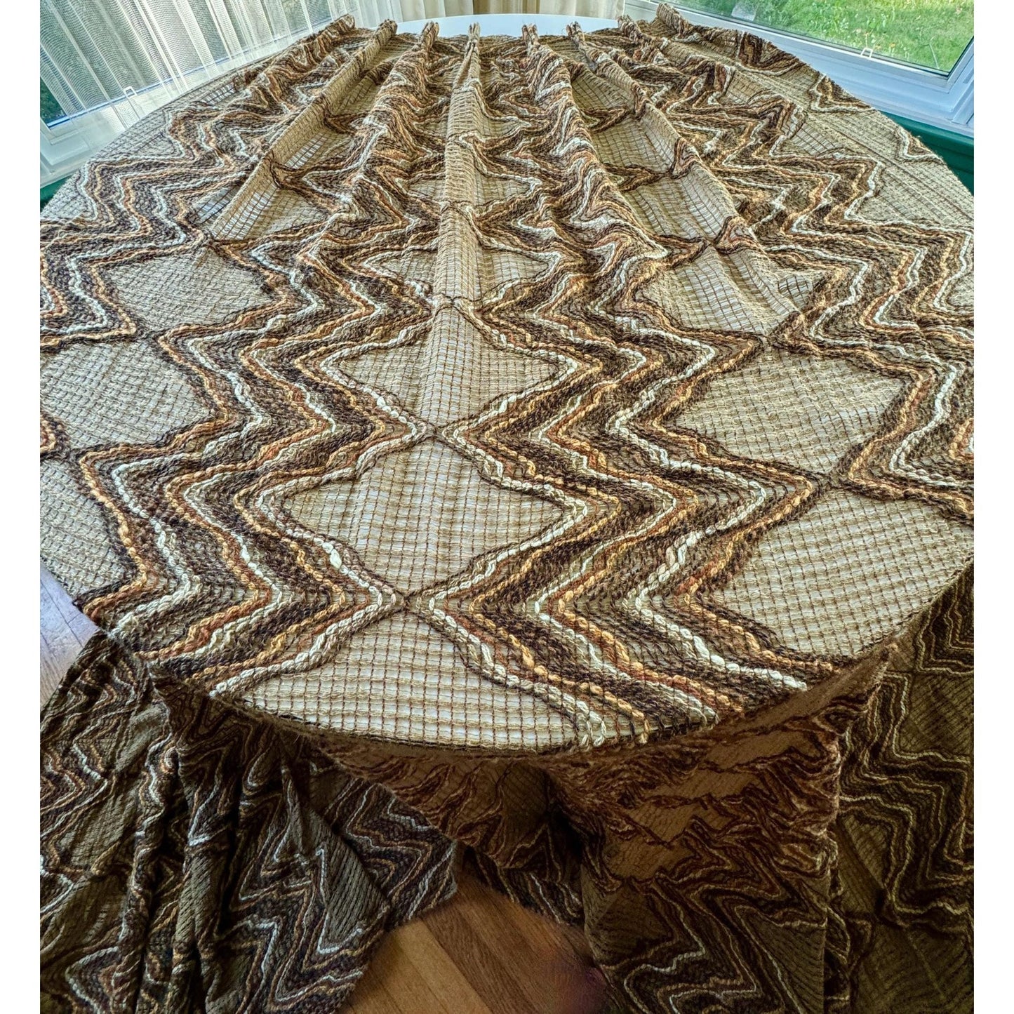 Vintage 70s pleated curtain, brown, rust tan mesh panel