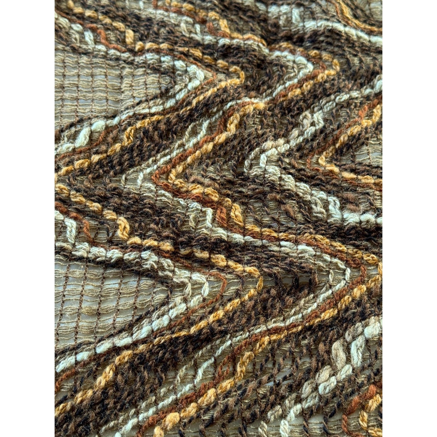 Vintage 70s pleated curtain, brown, rust tan mesh panel