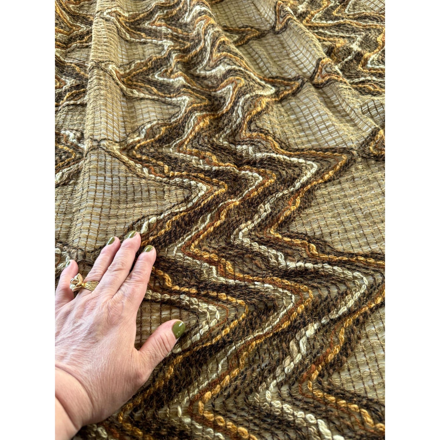 Vintage 70s pleated curtain, brown, rust tan mesh panel