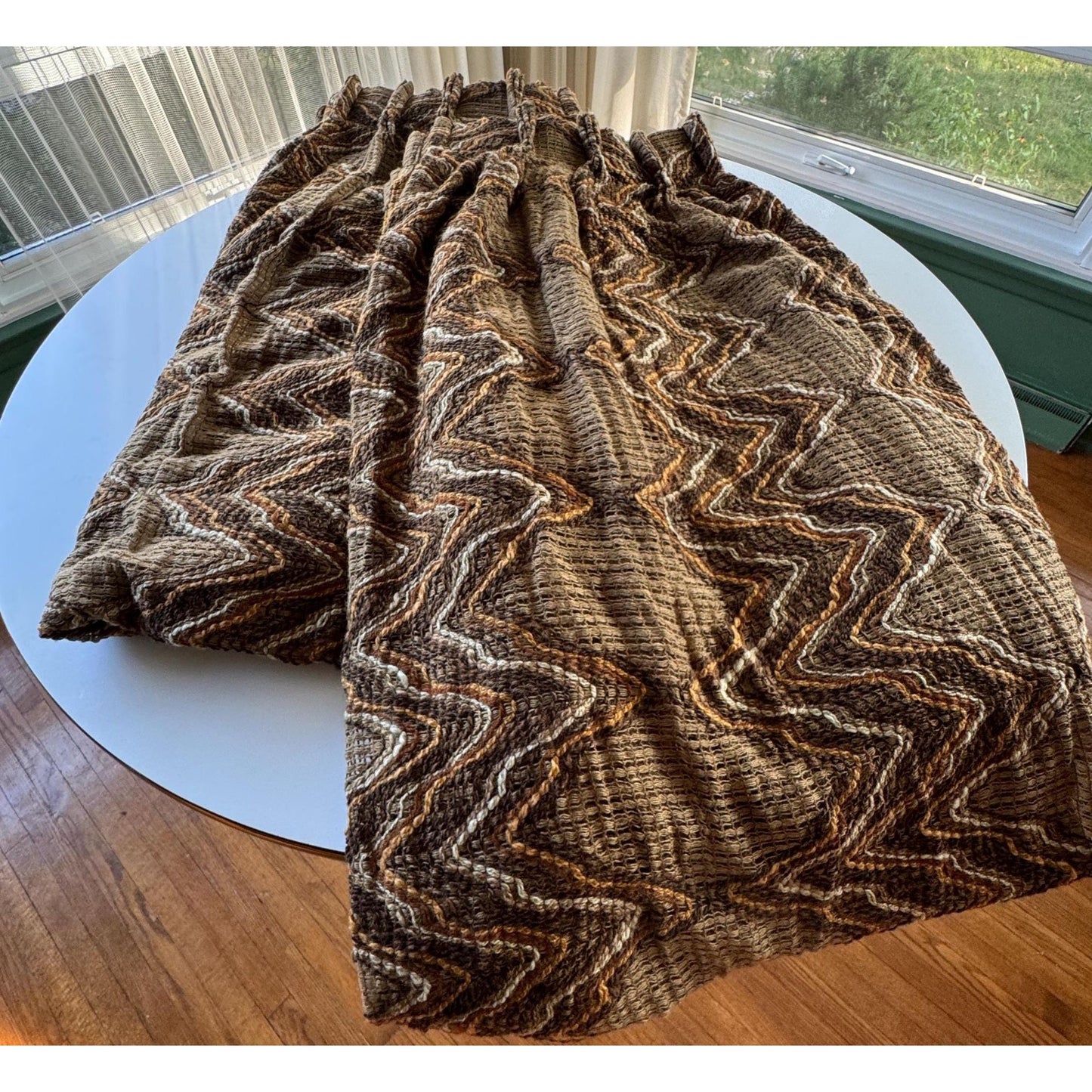 Vintage 70s pleated curtain, brown, rust tan mesh panel