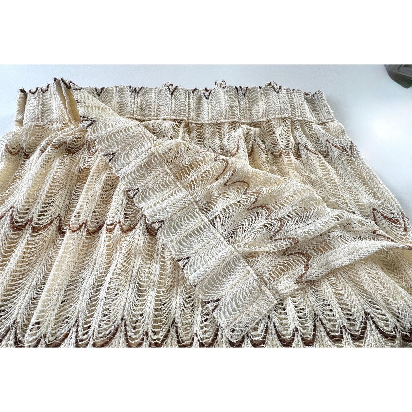 Vintage 70s pleated curtain, cream brown open weave, oversized panel