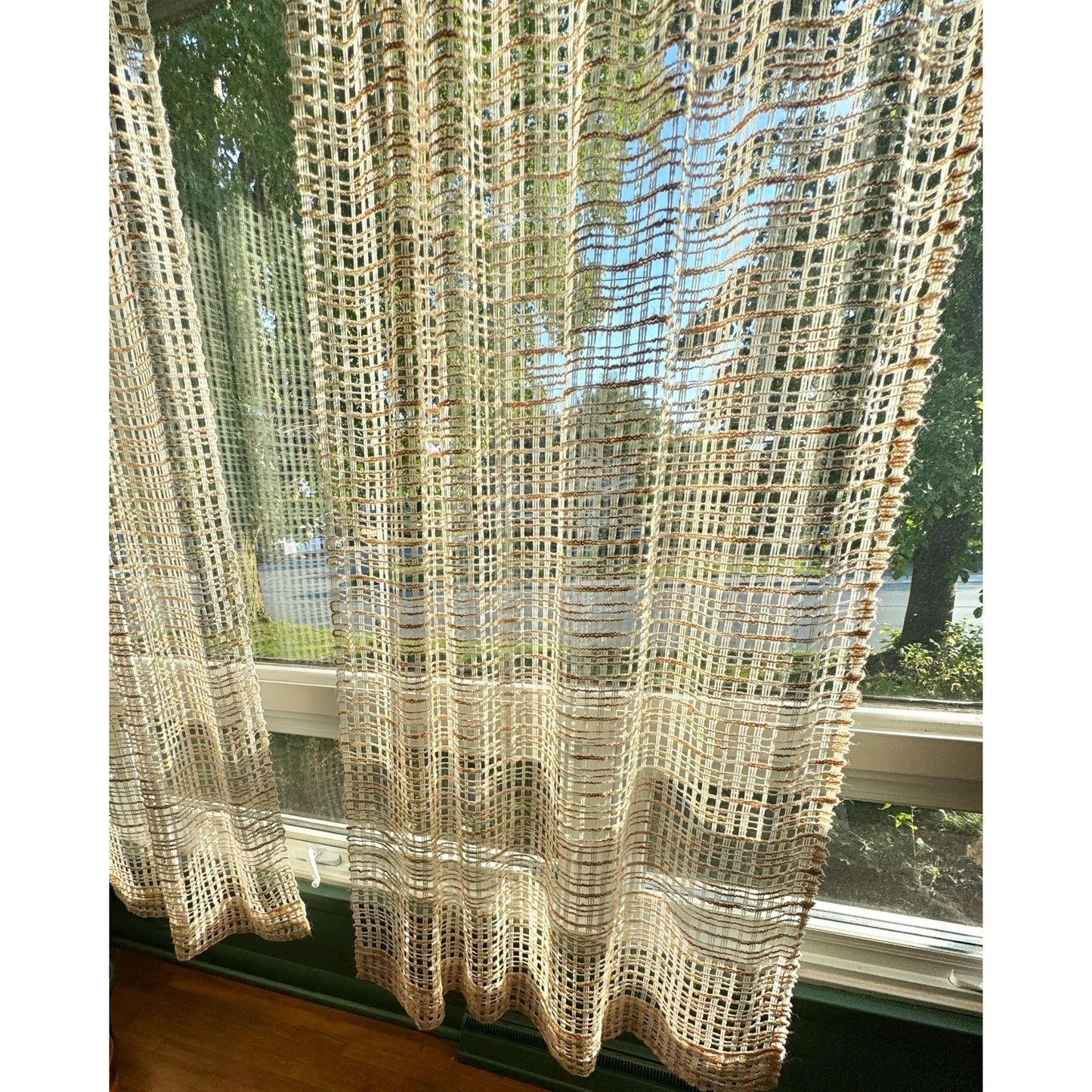 Vintage 70s curtain, cream and tan mesh panel