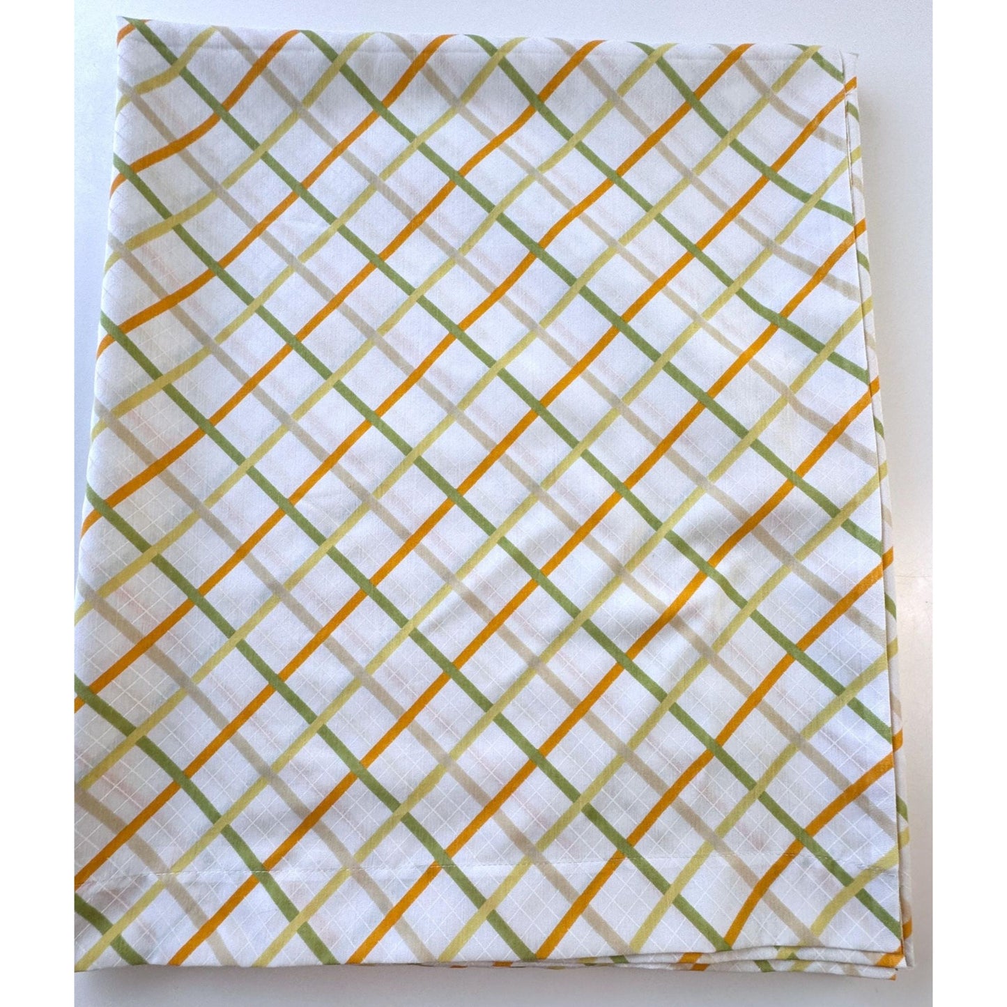Vintage 70s top / flat sheet, yellow green orange diagonal squares, double / full size bed, TexStyle USA