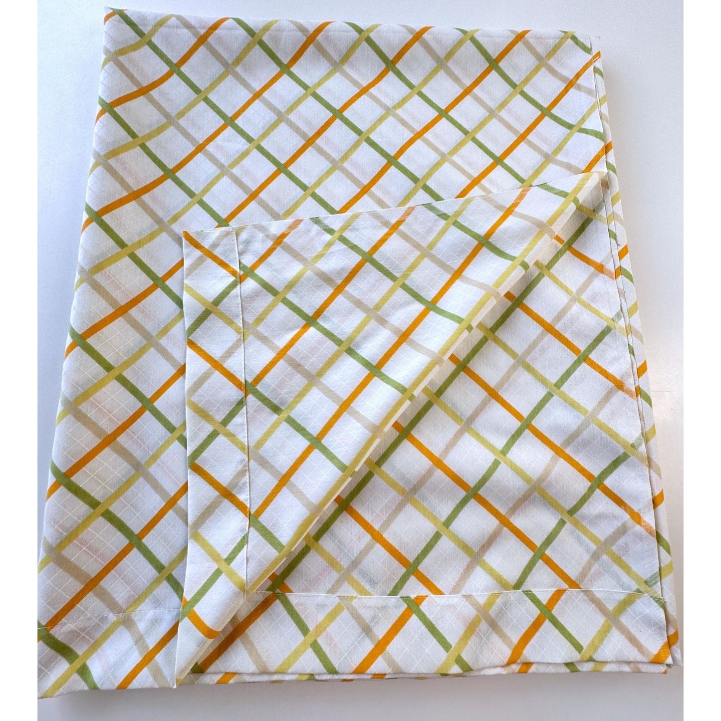 Vintage 70s top / flat sheet, yellow green orange diagonal squares, double / full size bed, TexStyle USA